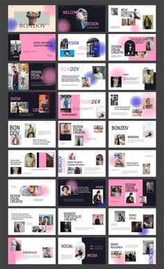 a large group of pink and black slideshows with different images on them, all in