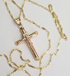 "NEW-14k Real Two Tone Gold-Yellow and Rosa-Jesus Crucifix Religious Cross Pendant. Chain: 14k Real Solid Yellow Gold Singapore Chain 16-1mm, 18\"-1mm, 20\"-1, 22\"-1mm Pendant: Material Type: 14k 2 Tone Gold Average wight: 1.1g Hight: 30 mm Width: 18 mm" Chain Ideas, Gold Hamsa, Couple Things, Religious Cross, Pretty Pendant, Jewelry Inspo