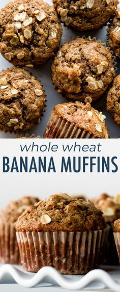 whole wheat and banana muffins on a white plate with the title above it