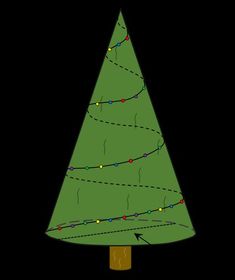 a green christmas tree with lights on it's branches and an arrow pointing to the top