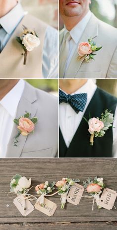 a collage of photos showing different types of boutonnieres, flowers and tags