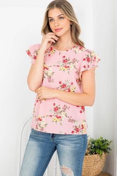 Womens Pink Floral Top, Ruffle Cap Sleeve Summer Blouse Tops MomMe and More