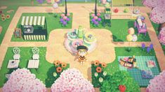 an animal crossing game is shown in the middle of a park with lots of trees and flowers