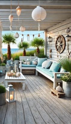 a porch with lots of potted plants and lights hanging from it's ceiling