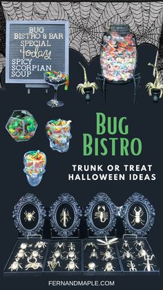 a poster for a trick or treat party with bugs and spider webs on it