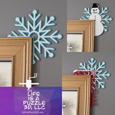 the snowflake is hanging on the wall next to two mirrors and a door