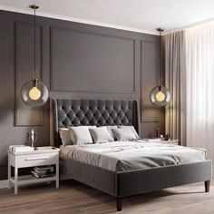 a bedroom with gray walls and wooden floors