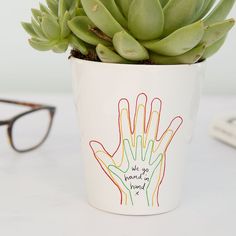 a potted plant sitting on top of a table next to eye glasses and a cell phone