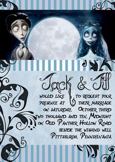 the corpse bride and groom are in front of a full moon with blue stripes on it