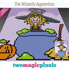 the wizard's appetice cross stitch pattern is shown with an image of a witch