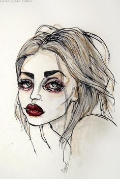 a drawing of a woman's face with long hair and red lipstick on her lips