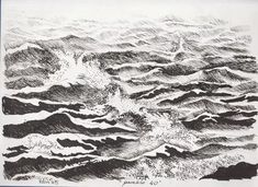 an ink drawing of the ocean with waves coming in and out of it's sides