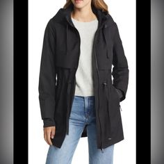 Sam Edelman Women’s Zip Front Black Anorak Front Shields Size Small New With Tags Water Resistant 3 Way Stretch Travel Friendly Zip Up Polyester Shell And Lining. Size Small New With Tags Pit To Pit 20” Length 29” 31” Back Black Weatherproof Windbreaker For Fall, Black Hooded Utility Jacket For Cold Weather, Black Fall Parka With Pockets, Black Parka With Pockets For Fall, Weatherproof Windbreaker For Workwear In Fall, Fall Weatherproof Workwear Windbreaker, Black Parka For Workwear In Fall, Black Utility Jacket With Detachable Hood For Fall, Black Parka For Cold Spring Weather