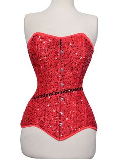 Heavy Duty  Double Steel Boned Waist Trainer  Sequin Corset Steampunk Red Overbust Corset   Corset Material   Sequin & Cotton Corset Colour     Red - Black , White (Message us for other colours) Corset Sizes - 3XS ~ 7XL (Message us for other sizes) Heavy Duty, Steel Boned Corset Reduce Waist up to 4" It can be used for Tight Lacing, Shaping and waist Training Strong Ribbon at Waist Level 100% Cotton Twill Jeans as Lining 5" Modesty Panel at the back This Fashion Corset used in Clubbing , Cosplay Red Fitted Corset For Party, Red Halloween Costume Corset, Halloween Costume Red Corset, Halloween Red Costume Corset, Red Fitted Corset For Halloween, Fitted Red Corset For Halloween, Red Evening Underbust Corset, Party Corset With Built-in Bra In Red, Gothic Red Party Corset