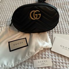 Nwt, Black Leather Belt Bag. Gucci Leather Belt Bag With Removable Pouch, Gucci Belt Bag With Removable Pouch For Travel, Gucci Black Bag With Removable Pouch, Black Gucci Bag With Removable Pouch, Classic Gucci Belt Bag For Travel, Gucci Luxury Leather Belt Bag, Elegant Gucci Pouch Shoulder Bag, Luxury Black Belt Bag For Evening, Black Gucci Pouch Bag