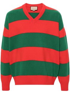 forest green/bright red wool blend felted horizontal stripe pattern logo patch to the rear ribbed trim V-neck drop shoulder long sleeves straight hem Gucci Wool Crew Neck Sweater, Classic Gucci Sweater With Ribbed Cuffs, Gucci Wool Sweater With Ribbed Cuffs, Casual Gucci Wool Sweater, Gucci Fall Sweater With Ribbed Cuffs, Gucci Crew Neck Sweater With Ribbed Cuffs, Green Jumper, Latest Sweater, Gucci Outfits