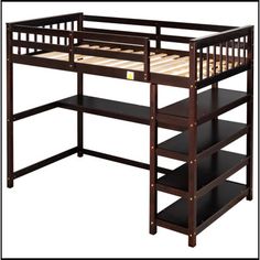 a wooden bunk bed with shelves underneath it