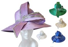 This designer couture dressy satin ribbon hat is a true showstopper, perfect for church, weddings, or any special occasion. With a rounded crown, a long 6-inch down-turned brim, and a large satin ribbon bow adorned with crystal rhinestones, this hat exudes elegance. The crown and brim are also embellished with loose crystal stones. Available in Lavender, White, Champagne, Royal, or Emerald, it features an adjustable sweatband inside to ensure a comfortable fit for most head sizes. Formal Wide Brim Hat With Ribbon, Evening Hat With Ribbon And Curved Brim, Formal Hat With Ribbon And Curved Brim, Chic Party Hats With Ribbon, Elegant Church Hat With Ribbon, Evening Hats With Ribbon For Royal Ascot, Evening Hat With Ribbon For Royal Ascot, Formal Fitted Ribbon Fascinator, Party Hat With Ribbon And Short Brim