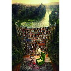 a room filled with lots of books next to a river