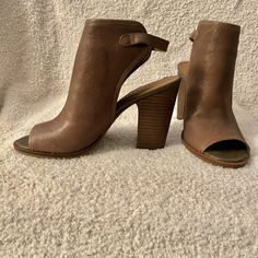 New And Never Worn ! Lucky Brand Leather Peep Toe Size 7.5 Are Fabulous And Very Hot Looking!! Lk Lisza Brindle Goat Tide Bootie With 3.5” Heel Summer Leather Boots With Buckle Closure, Leather Boots With Buckle Closure For Summer, Fall Sandals With Stacked Heel And Ankle Strap, Brown Closed Toe Heels For Spring, Fall Leather Sandals With Padded Heel, Fall Sandals With Padded Heel And Round Toe, Open Toe Mules With Reinforced Heel And Medium Width, Fall Leather Sandals With Open Heel, Beige Leather Mules With Ankle Strap