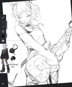 a drawing of a girl with a guitar in her hand and an ipod next to it