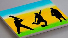 three silhouettes of men playing soccer on a yellow and green background, one is jumping to catch the ball