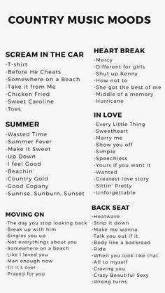 the country music mood sheet is shown in black and white, with words above it