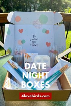 the date night boxes are open and ready to be filled with goodies for someone's special day