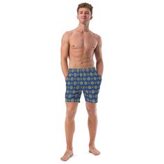 青色の割付文様柄メンズ水着のモックアップ画像（フロント） Traditional Pattern Design, Men's Swimwear, Traditional Pattern, Long Hours, Mens Swimwear, Spandex Fabric, Small Items, Japanese Traditional, Kyoto