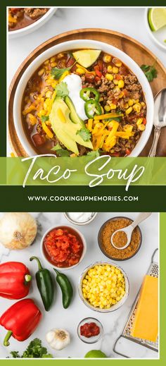 an image of taco soup with ingredients in bowls