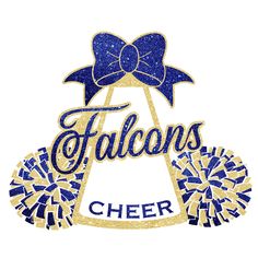 the word falcon's cheer with a bell surrounded by sparkles and a bow