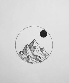 a black and white drawing of mountains with the moon in the sky above them,