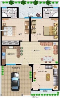 the floor plan for a two story house with an attached garage and living room area