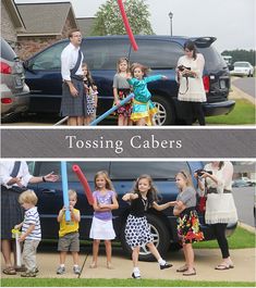 two pictures of children and adults in front of a car with the caption tossing sabers