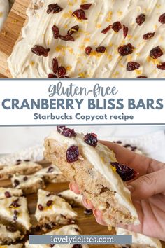 cranberry bliss bars with white frosting and dried cranberries