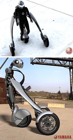 two different views of a robot riding on a scooter with wheels and tires