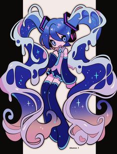 a drawing of a girl with blue hair and stars on her face, in front of a