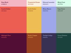 the color scheme for different shades of purple, orange and green with text below it