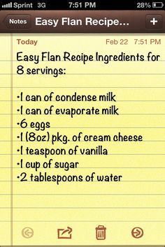 an iphone screen showing the recipe list for easy flan recipe, which includes 8 servings