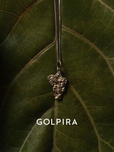 a leaf with a silver necklace on it that says golpira in the center