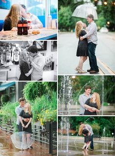 a couple kissing under an umbrella in the rain and on the street with their friends