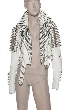 Handcrafted Women Silver Long Studded Genuine Leather Jacket Spiked Stud placed by Hand Belted Biker Rock Punk Style, Edgy Leather Jacket, Custom Leather Jackets, Leather Jacket Women, Studded Leather Jacket, White Leather Jacket, Real Leather Bags, Studded Jacket, Leather Apron