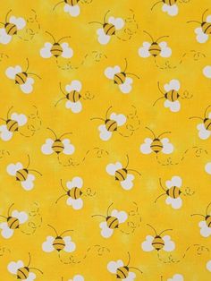 a yellow background with white flowers and bees