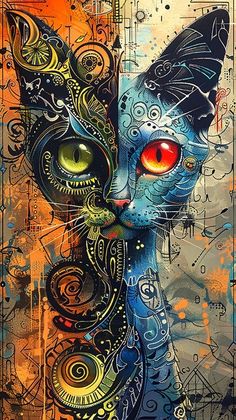 a painting of a cat with red eyes and ornate designs on it's face