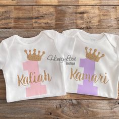 "Your little princesses will sparkle and shine in these adorable bodysuits at their First Birthday party or cake smash photos!  Price is for 1 bodysuit only.  The number \"1\" is printed in either light pink or lavender purple vinyl and topped with sparkly gold or silver glitter princess tiara with personalized name written in glitter script along the center of the 1. We use Carter's brand white bodysuits to make sizing easy. Long sleeve is available for $1.50 more.  We can make these design in different colors or non-glitter vinyl, please message us if needing to customize! Please READ our SHOP POLICY BEFORE you make your purchase! Making a purchase means you agree to all HoneyLove Boutique shop policies! We love our customers! Join us on Facebook, Instagram and our NEW WEBSITE for all th Cute Pink Onesie For Party, Cute Fitted Party Onesie, Cute Pink Bodysuit For Party, Cute Fitted Onesie For Party, Twin Girl Outfits, Twin Girl, Purple Vinyl, Crown Pink, First Birthday Outfit