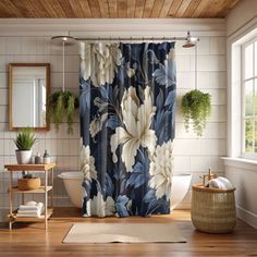 a bath room with a shower curtain and a rug on the floor in front of it