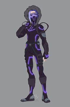 an animated character with purple hair and black skin wearing a futuristic suit, standing in front of