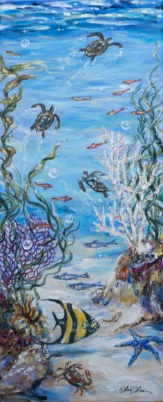 an underwater scene with fish and corals