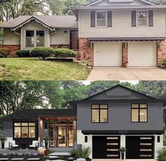 before and after photos of a house with two garages on each side, the same one