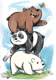 a bear on top of two pandas in the grass with a butterfly flying above